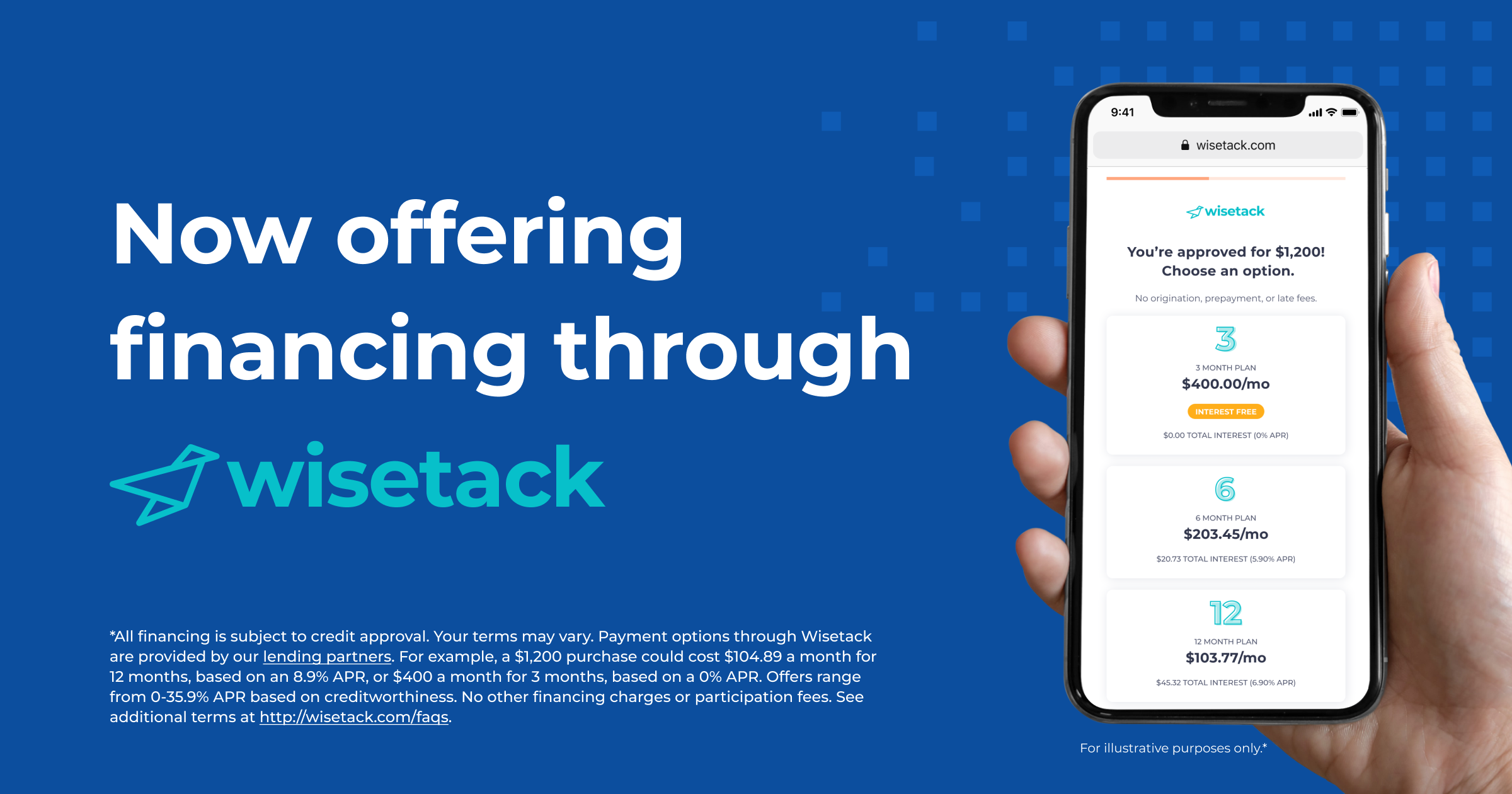 Now offering financing through Wisetack (dark blue, rectangle)